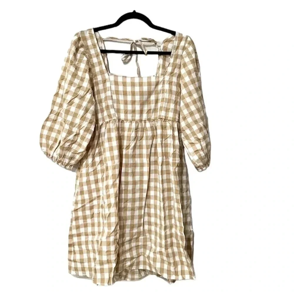 Umgee Gingham Beige & White Fall 3/4 Sleeve Tie Back A-Line Dress Size M NWT - Picture 2 of 13